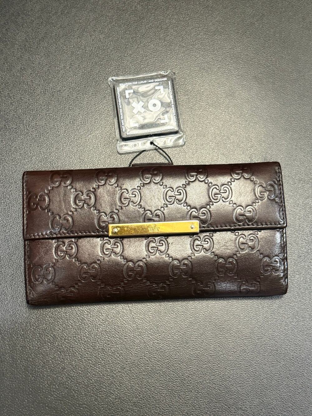 Auth Gucci Guccissima Leather Metal Bar Continental Flap Wallet Dark Brown⁠